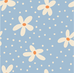 Seamless pattern with cream daisy flowers and polka dots on soft blue