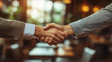 Business professionals engage in a handshake during a meeting in a modern office setting at sunset