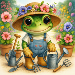 Cute cartoon frog gardener in overalls and straw hat, surrounded by flowers and tools—perfect for kids’ books, spring ads, or eco-friendly campaigns.