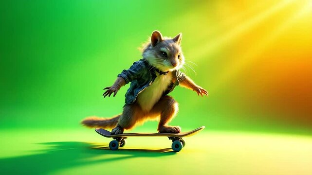 Cool chipmunk skateboarding on green background, wearing a denim jacket