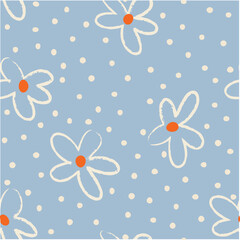 Playful seamless daisy pattern with orange centers on sky blue background