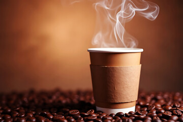 A steaming cup of coffee in a paper cup surrounded by roasted coffee beans
