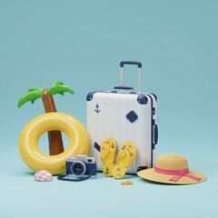 Playful 3D illustration of summer travel items including a suitcase, camera, and beach accessories