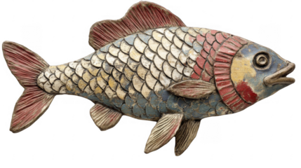 Painted Wooden Fish with Scales on a Transparent Background, PNG Image, PNG File