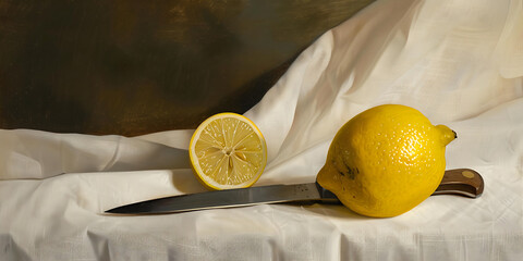 Fresh Lemons with Silver Knife on White Fabric

