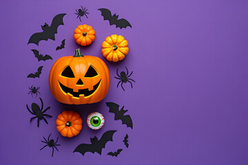 halloween background with pumpkin, spiders, bats, and eyes on a purple background