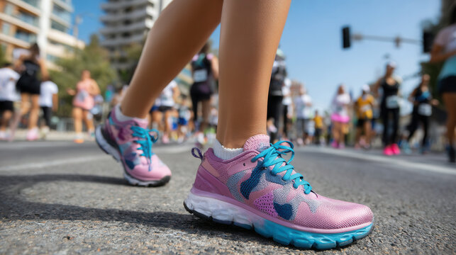 Feet pounding the pavement in vibrant sneakers during a lively city marathon on a sunny day filled with enthusiastic runners