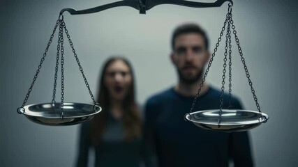Surprised couple behind balanced scales depicting justice and equality decision - Powered by Adobe