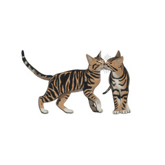 Two playful tabby cats with striped fur are affectionately interacting, showcasing moment of feline companionship. Their tails are raised, indicating friendly and curious demeanor