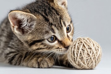 Obraz premium Playful Tabby Kitten with Yarn Ball Captured in Soft Lighting