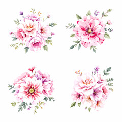 Watercolor wildflower set with daisies, forget-me-nots, cornflowers, poppies, bellflowers, and clover in botanical illustration