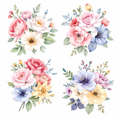 Watercolor wildflower set with daisies, forget-me-nots, cornflowers, poppies, bellflowers, and clover in botanical illustration