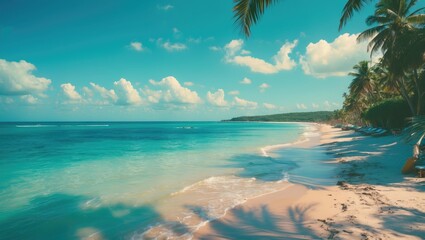 Fototapeta premium A Beautiful Beach Scene With Clear Blue Sea and Palm Trees.