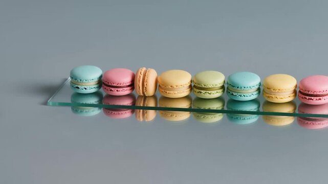 Pastel colored macarons neatly arranged in a row on a sleek glass plate, reflecting on a glossy surface, showcasing elegance in gourmet patisserie and dessert presentation