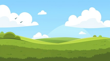 Fototapeta premium Enchanting Scenery of Lush Green Grassland under a Vast Blue Sky with Floating White Clouds: A Serene Natural Tapestry