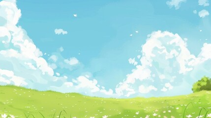 Enchanting Scenery of Lush Green Grassland under a Vast Blue Sky with Floating White Clouds: A Serene Natural Tapestry