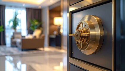 Focus on a vault door, elegant interior glimpsed beyond
