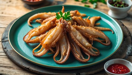 Deep Fried Squids On A Plate with Empty Copy Space For Text