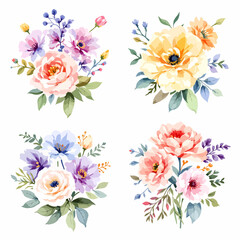 Wild flowers set, watercolor digital illustration.
