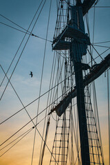 Obraz premium Historic sailing ship mast with bird in flight.