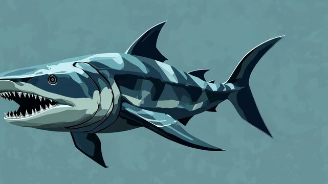 Large, stylized, predatory shark in teal tones