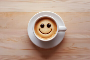 Coffee cup smiling face latte art on wooden table happy morning beverage concept