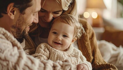 Warm family cuddle smiling baby between loving parents in cozy, neutral tones