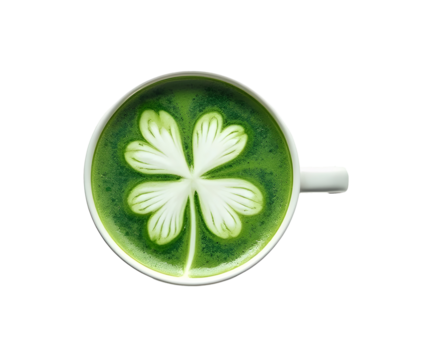 Coffee latte art luck clover leaf background wallpaper backdrop. Copy space, cup, fresh, artistic, creative concept, top view on white background
