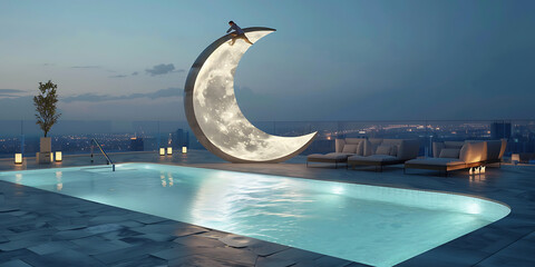 Naklejka premium Serene Rooftop Pool at Dusk with Crescent Moon Sculpture and City Skyline