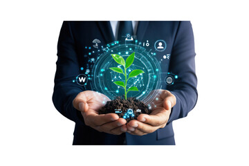 Growing Future in Hand: A meticulously tailored business person tenderly cradles a growing plant with a digital overlay representing growth, progress, and sustainability.