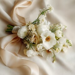 Elegant wedding bouquet white flowers with silk ribbon bridal arrangement floral design inspiration