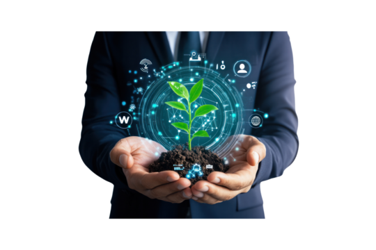Growing Future in Hand: A meticulously tailored business person tenderly cradles a growing plant with a digital overlay representing growth, progress, and sustainability. - Powered by Adobe