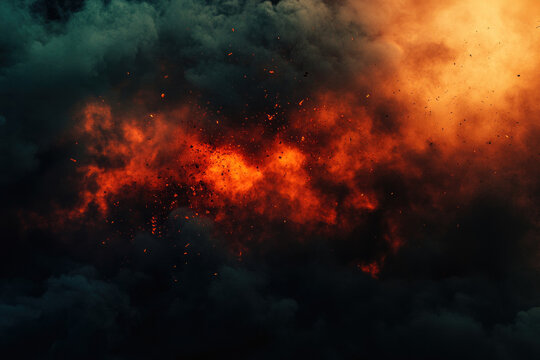 fiery explosion with intense orange flames against dark smoky background. concept of danger and power. dynamic energy and dramatic scene. background for action themes, digital art.