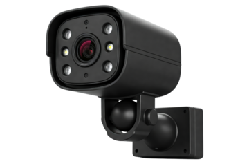 Black security camera with night vision LEDs isolated on a transparent background