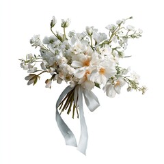 Elegant white flower bouquet with ribbon for wedding or special occasion floral arrangement isolated