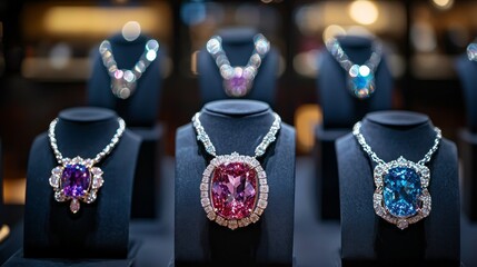 Elegant necklaces and pendants on display in a jewelry showcase in a boutique setting