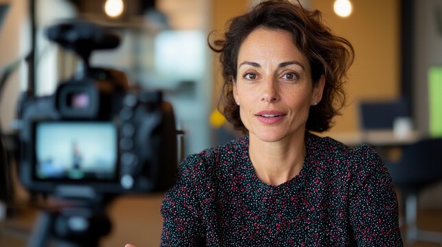 This image features a woman in a professional setting, possibly an interview or press conference, with her mouth open as if she's speaking or about to speak.