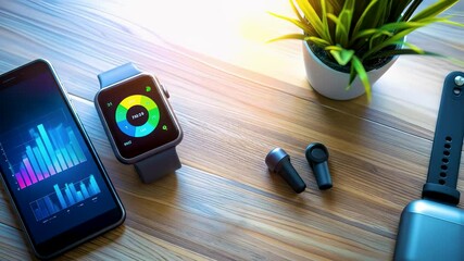 Smartphone displaying fitness data, paired with a smartwatch and wireless earbuds on a wooden table. Concept of wearable fitness tracker syncing and health device monitoring technology. - Powered by Adobe