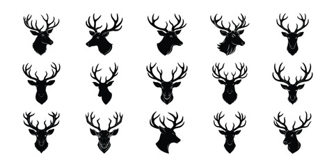 Antler Animal Head Silhouettes – Deer and Elk Vector Icons for Wildlife, Logo, and Graphic Design Projects