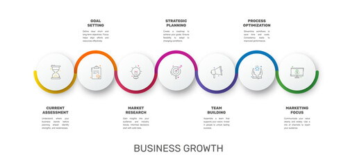 Modern and simple flat vector illustration. Infographic template with seven circles, elements, sectors and percentages. Designed for business, presentations, web design, interface 7 step diagrams