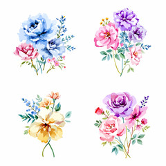 Wild flowers set, watercolor digital illustration.
