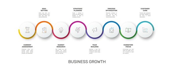Modern and simple flat vector illustration. Infographic template with eight circles, elements, sectors and percentages. Designed for business, presentations, web design, interface 8 step diagrams