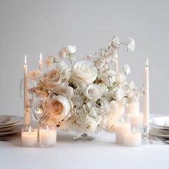 Elegant wedding table centerpiece with white roses and candles for romantic event decor ideas