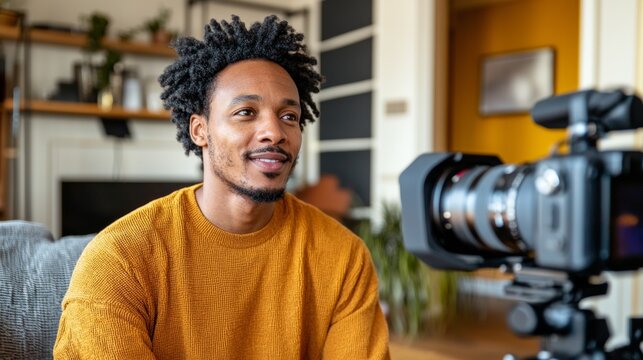 A young man holding a camera near his face.Man holding camera.