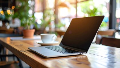 Laptop and coffee on wood table, bright light from window, plants in blurred background