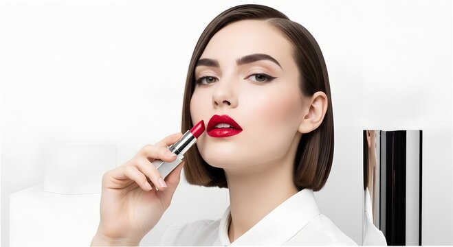 Elegance shines through bold beauty as a confident individual prepares to apply vibrant red lipstick in a modern and minimalistic setting Generative AI