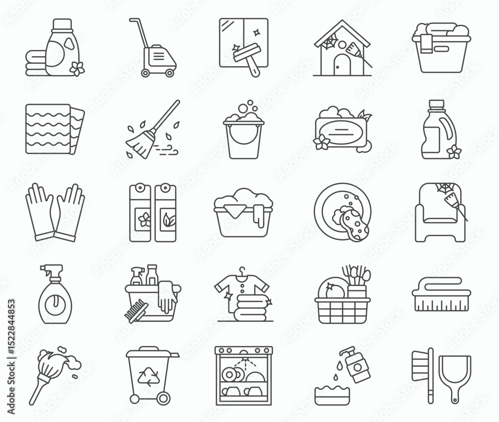 Poster cleaning line icons depict tools containers detergents other home hygiene objects organized in a gri