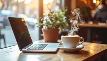 Coffee cup steaming next to a laptop on a wooden table, plants, bright window behind