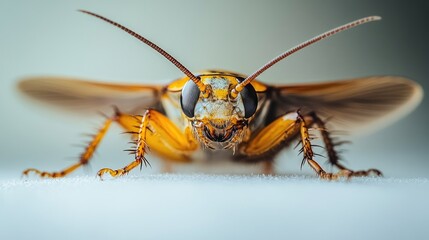 Close-up of a cockroach facing the camera on a light surface, blurred background