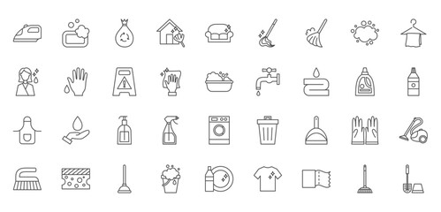 Collection of simple line icons related to cleaning and household chores